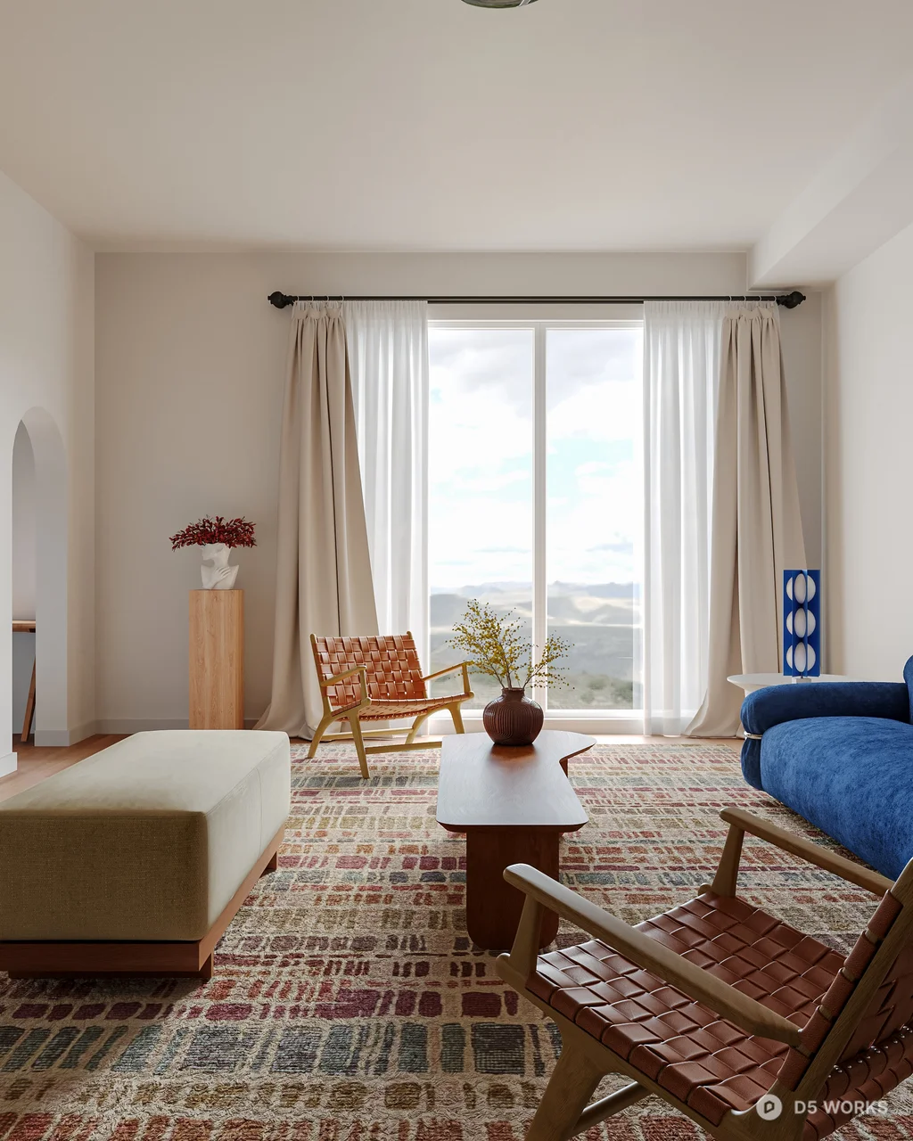 Minimalist Living Room with Blue Sofa and Natural Light 3d model thumbnail 2