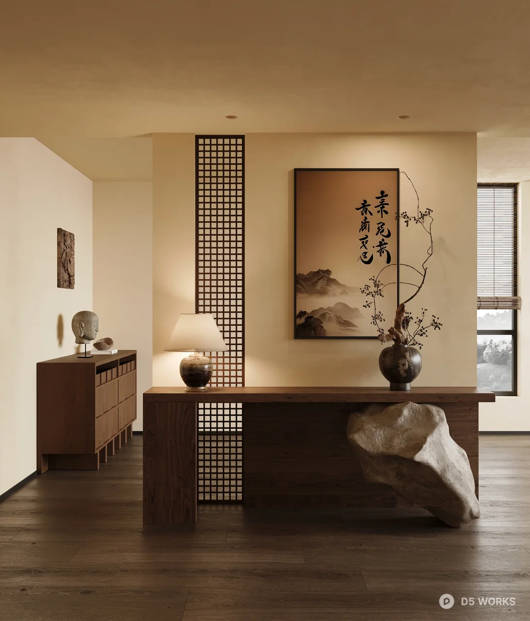 Minimalist Chinese Entryway with Screen and Calligraphy 3d model - Image 1