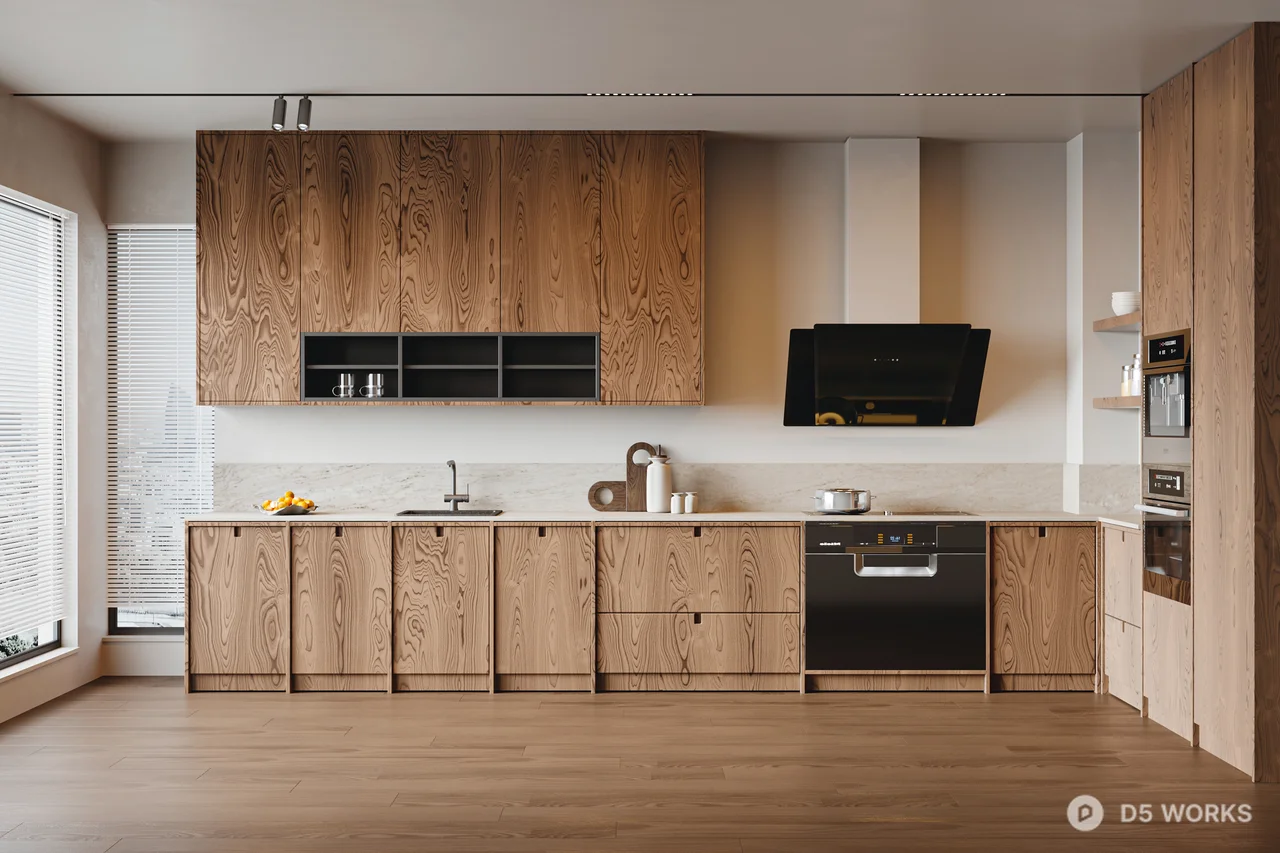 Minimalist Open Kitchen With Wooden Cabinetry 3d model - Image 1