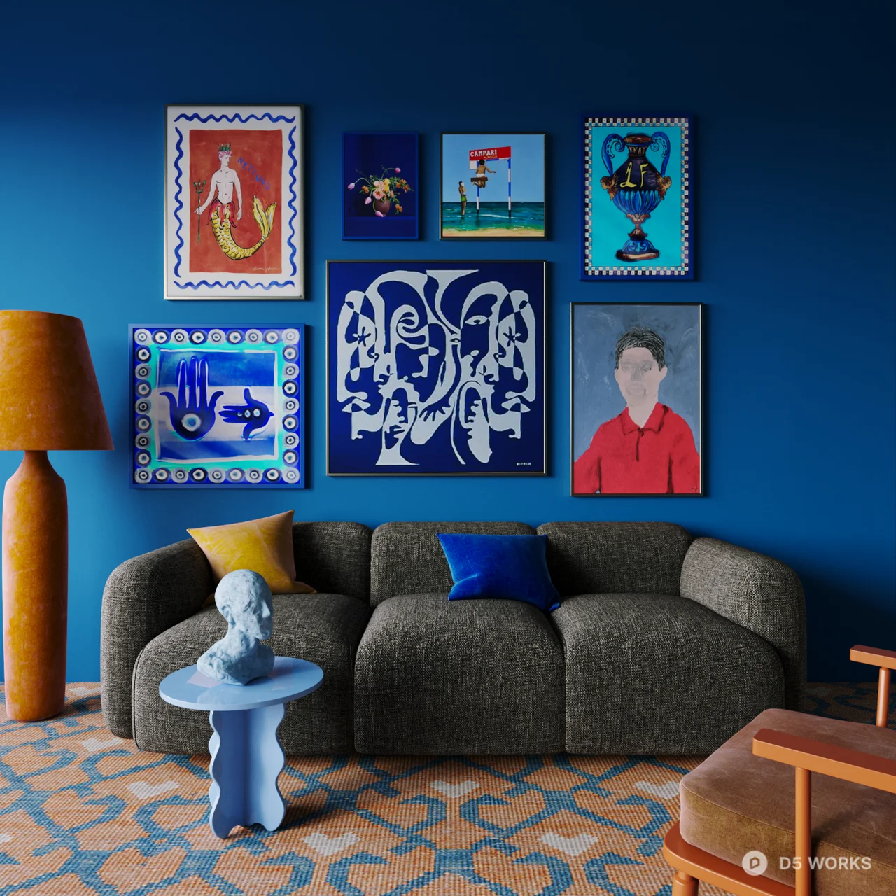 Modern Blue Living Room with Art Wall 3d model - Image 1