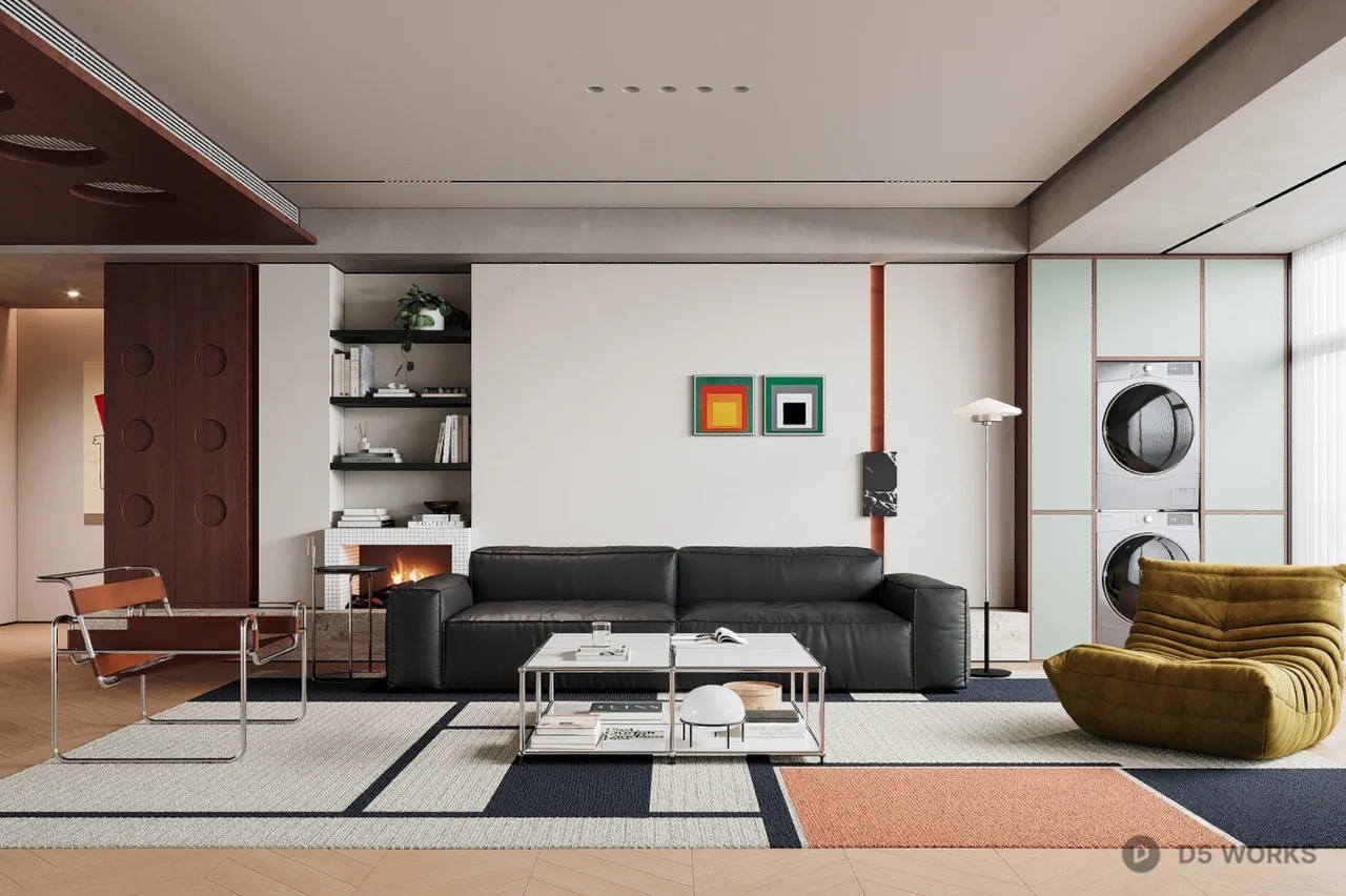 Modern Minimalist Living Room with Geometric Rug 3d model - Image 1