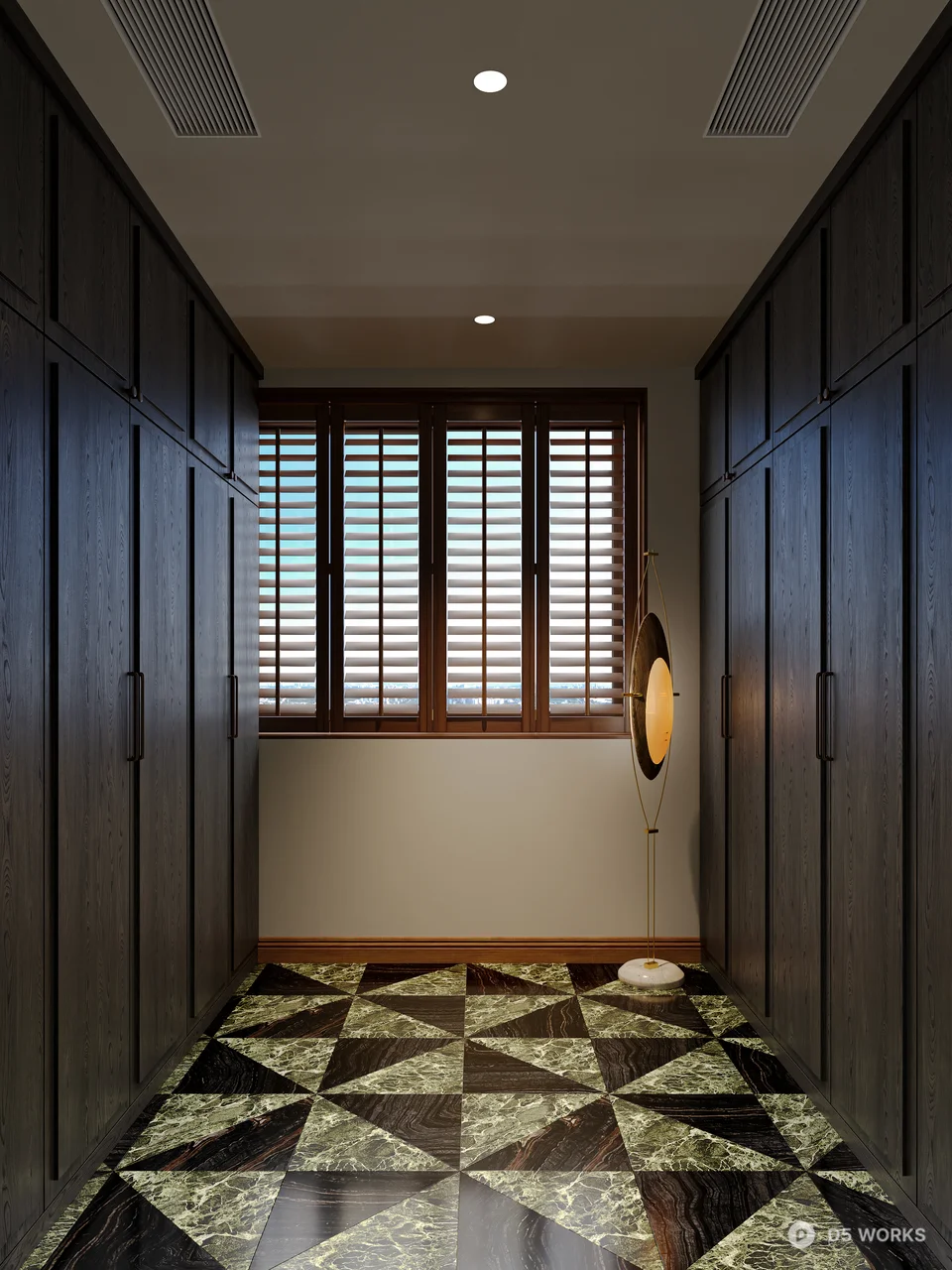 Modern Dark Wood Walk-In Closet With Geometric Marble Floor 3d model - Image 1