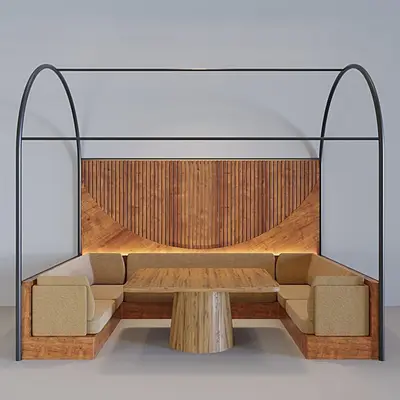Modern Restaurant Booth With Wooden Backdrop 3d model