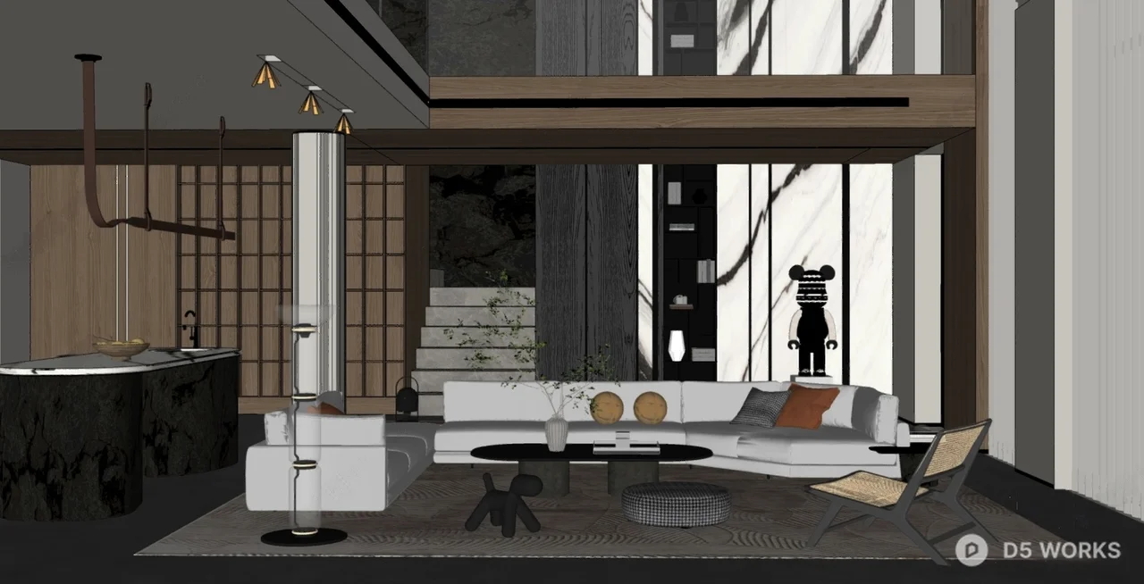 Modern Minimalist Villa Living Room With Double Height Ceiling And Wood Accent 3d model thumbnail 2