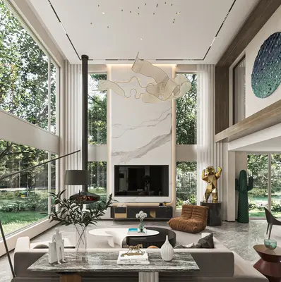 Modern Villa Living Room With Marble Accent Wall 3d model