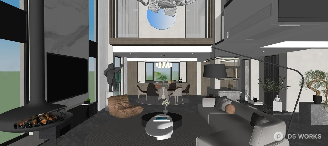 Modern Villa Living Room With Marble Accent Wall 3d model thumbnail 2