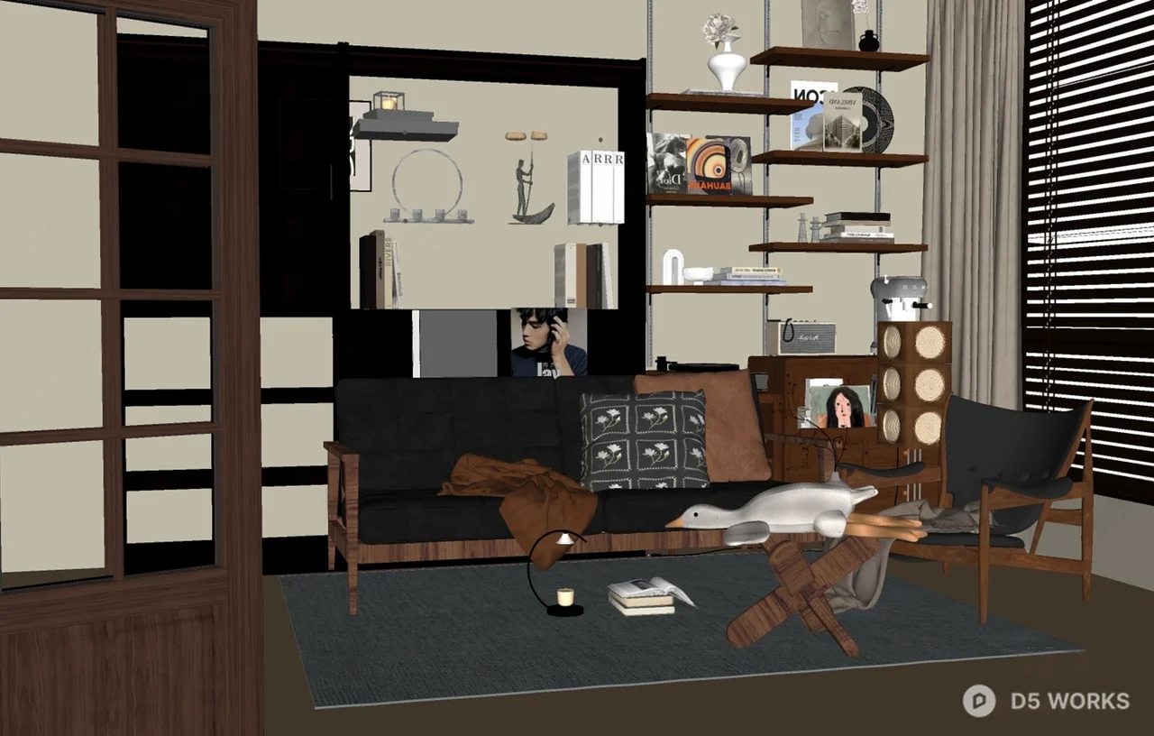 Modern Living Room with Leather Sofa and Bookshelves 3d model thumbnail 2