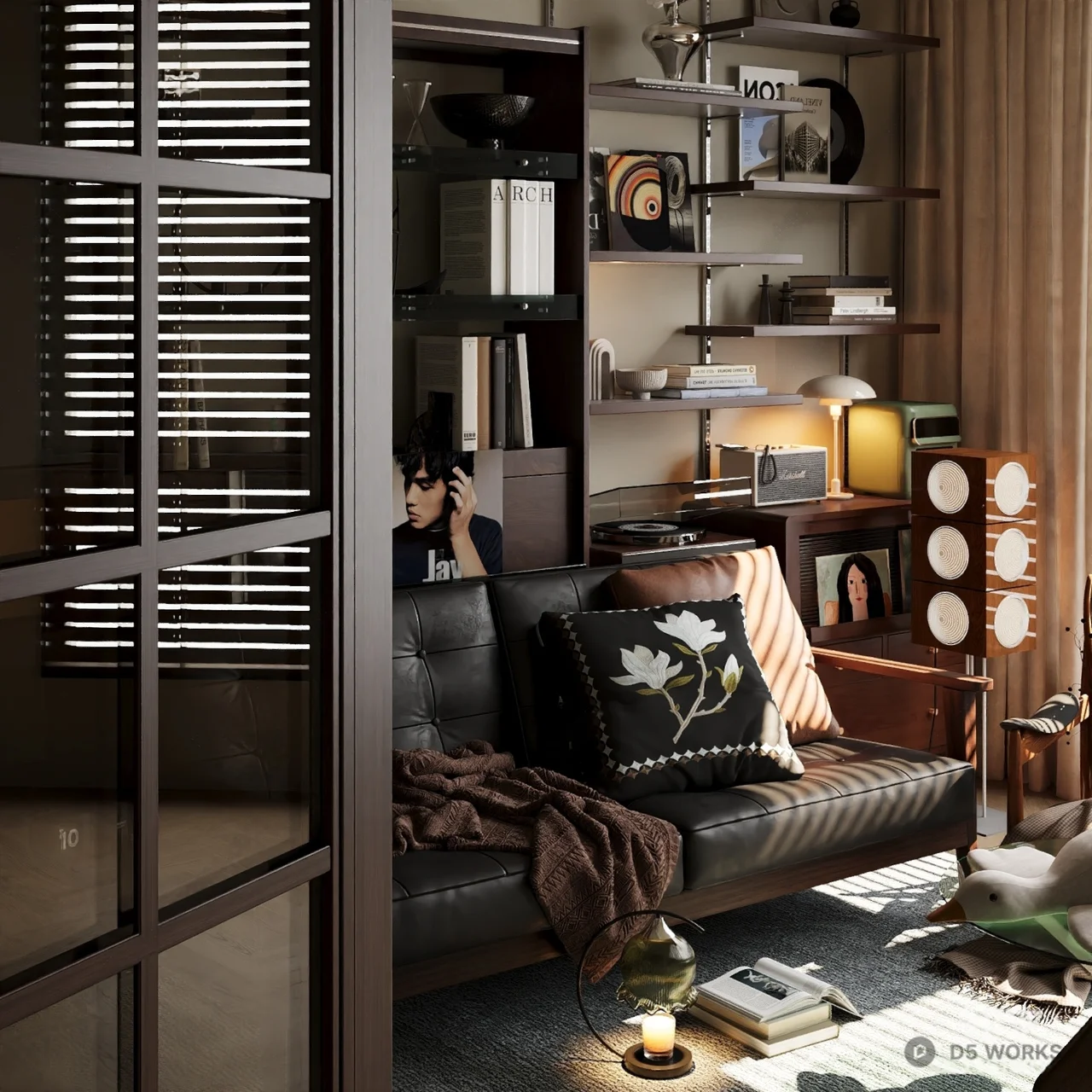 Modern Living Room with Leather Sofa and Bookshelves 3d model - Image 1