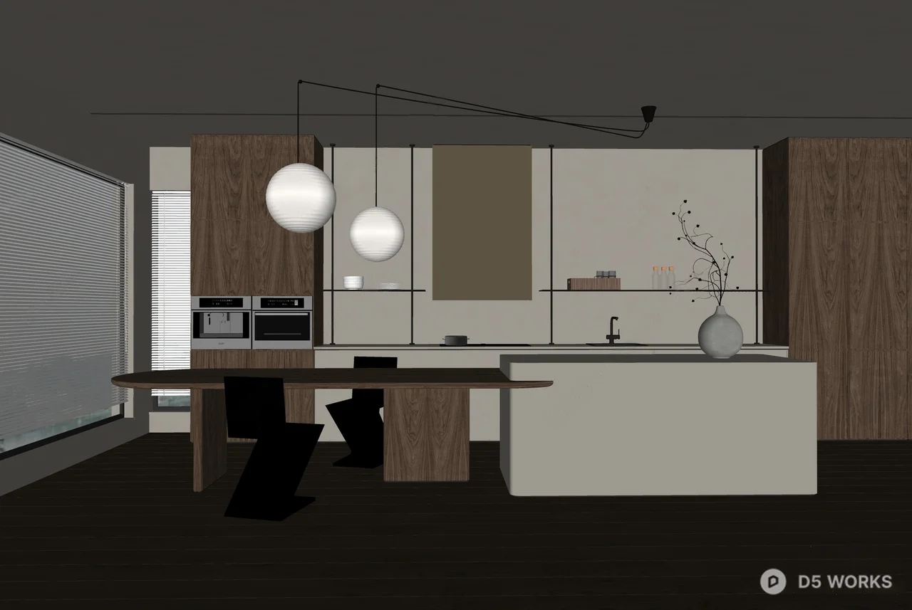 Minimalist Open Kitchen With Wood And White Cabinetry 3d model thumbnail 2