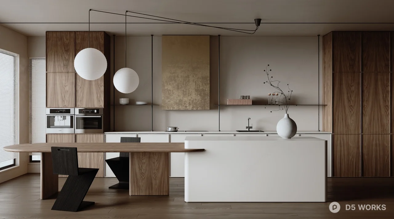 Minimalist Open Kitchen With Wood And White Cabinetry 3d model - Image 1