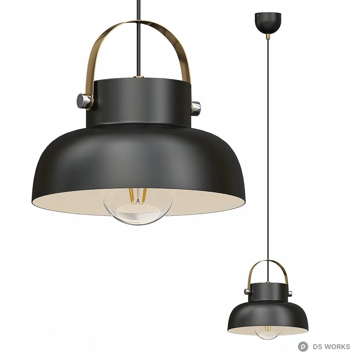 Industrial Style Black Pendant Lamp With Brass Handle 3d model - Image 1