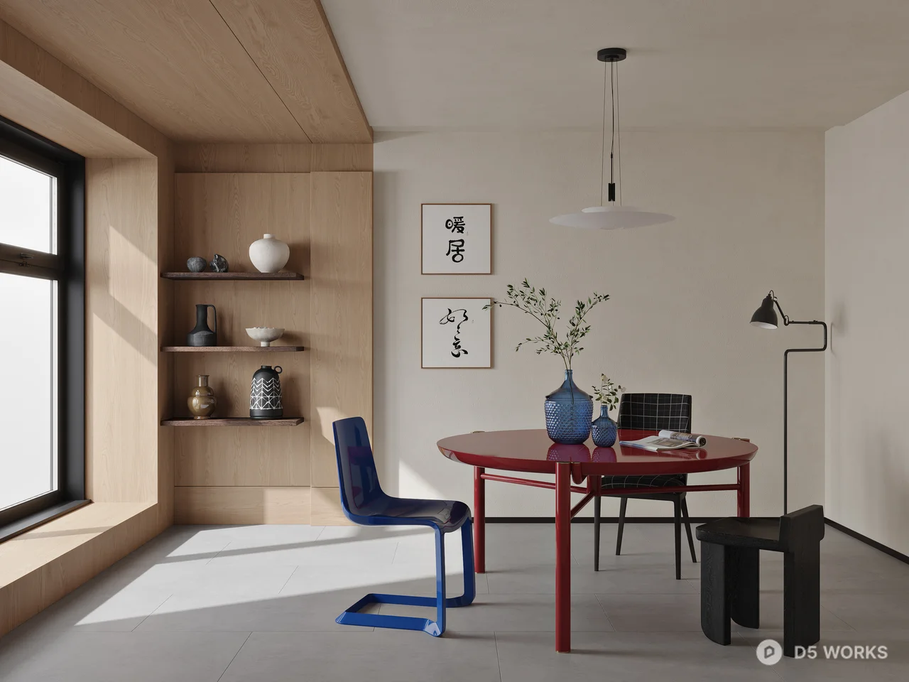 Minimalist Dining Room With Red Round Table And Blue Chair 3d model - Image 1