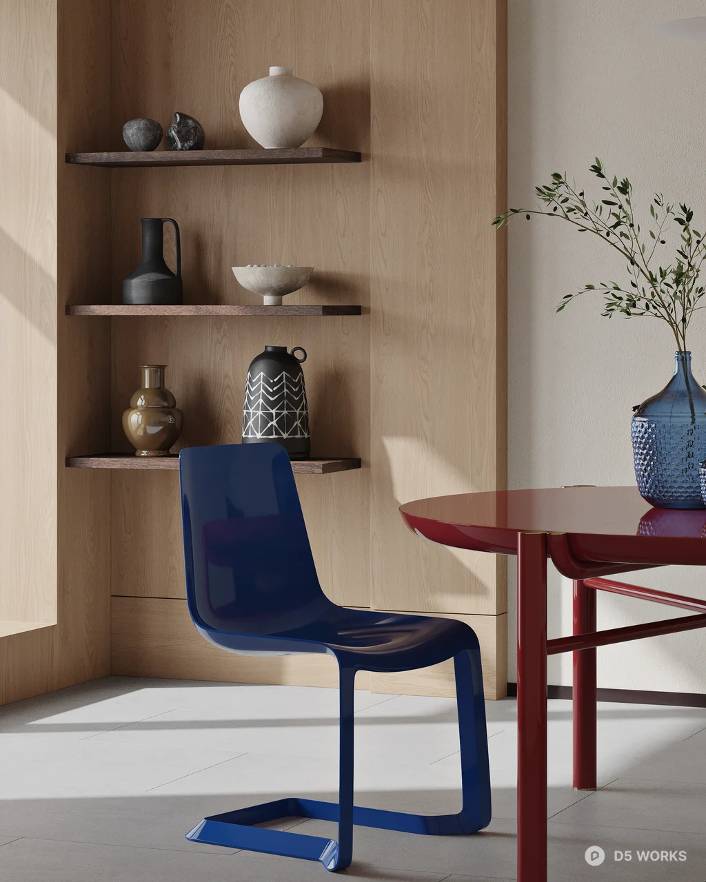 Minimalist Dining Room With Red Round Table And Blue Chair 3d model thumbnail 2