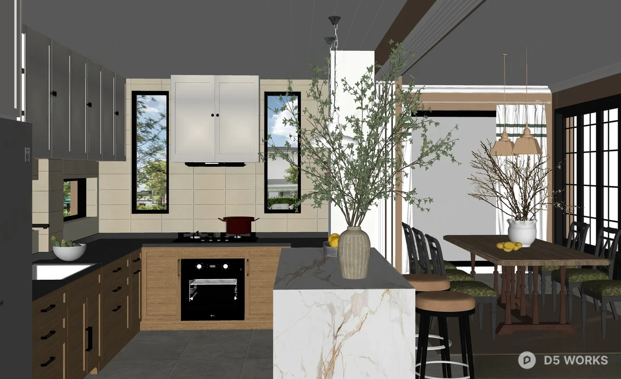 Modern Open Kitchen With Marble Island And Wooden Cabinetry 3d model thumbnail 2