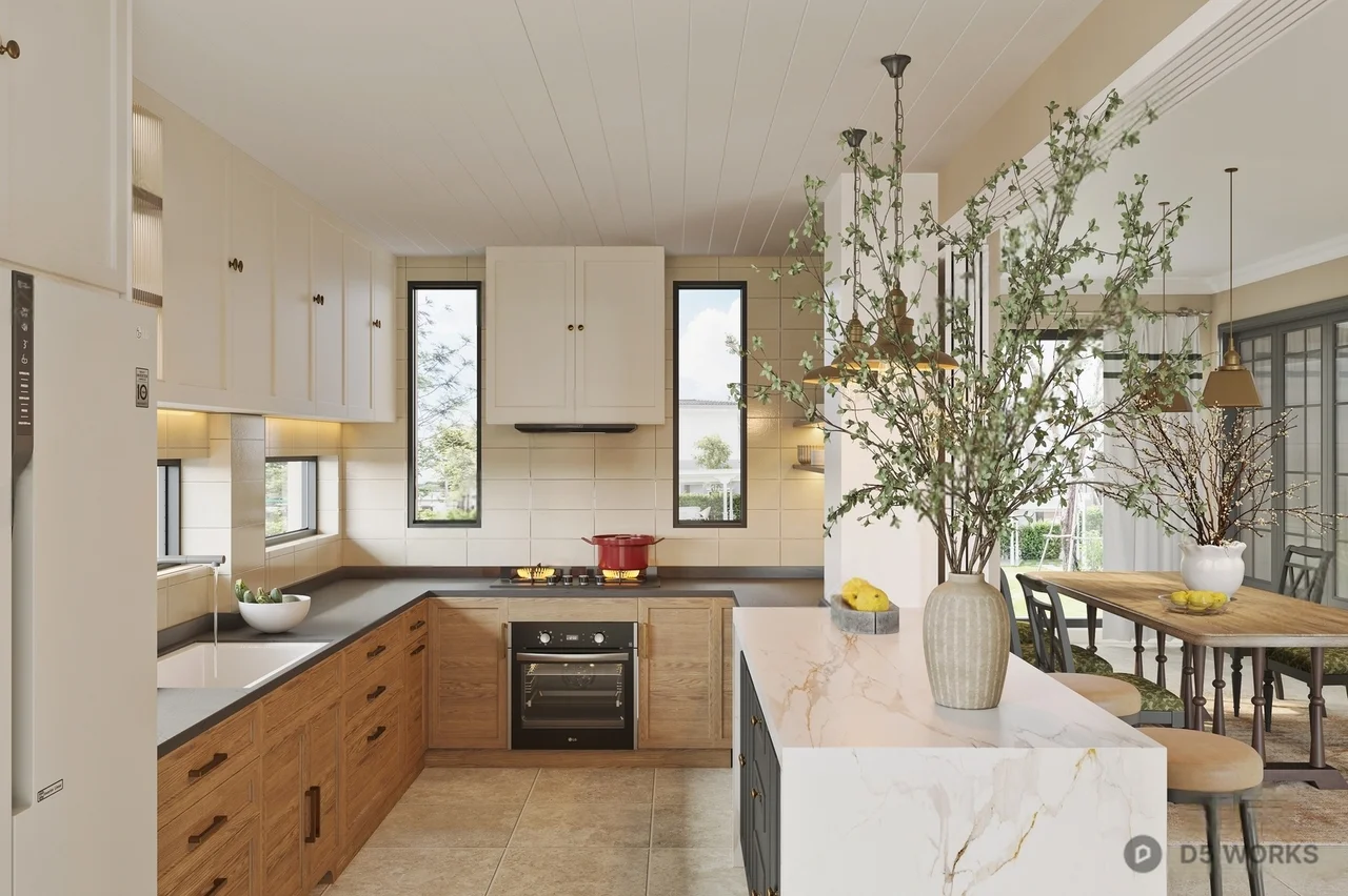 Modern Open Kitchen With Marble Island And Wooden Cabinetry 3d model - Image 1