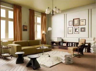 Mid Century Modern Living Room With Olive Green Sofa And Geometric Rug 3d model