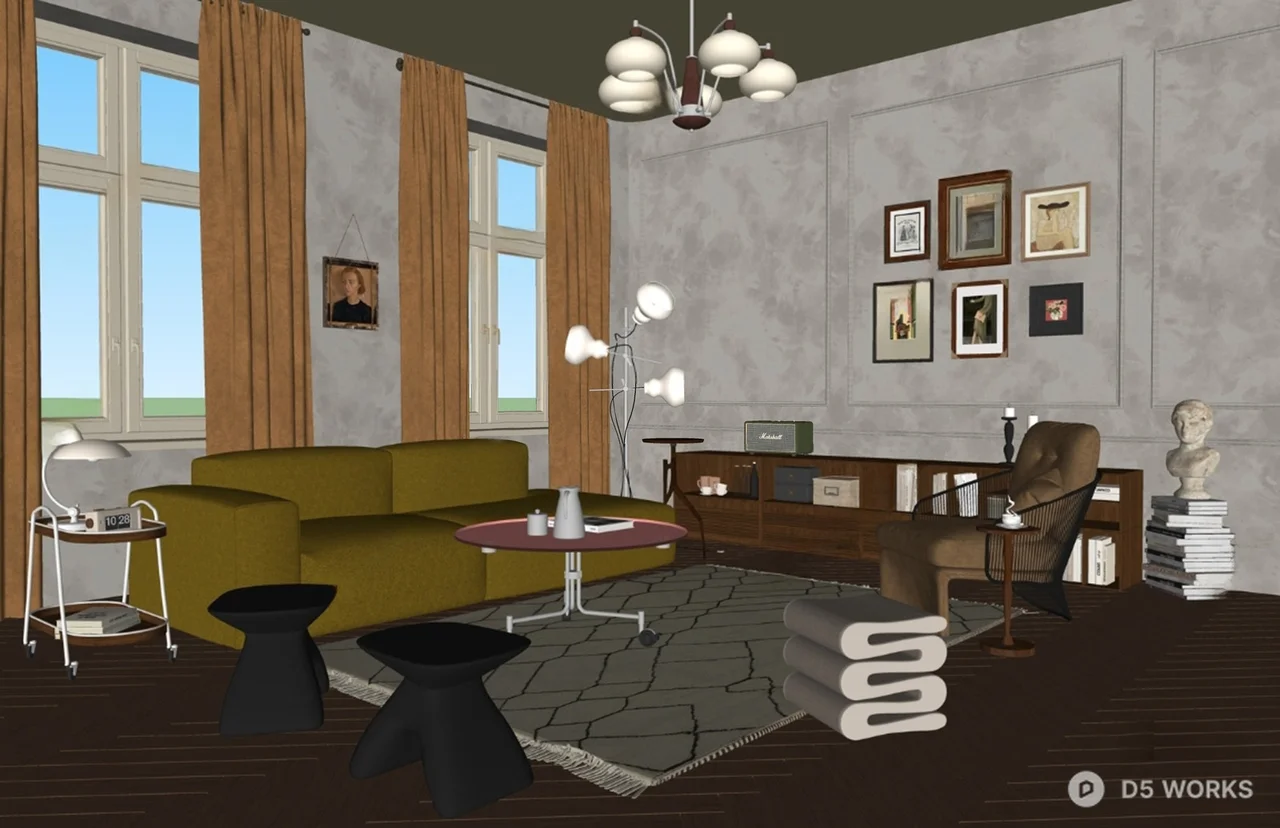 Mid Century Modern Living Room With Olive Green Sofa And Geometric Rug 3d model thumbnail 2