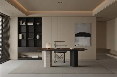 Minimalist Study Room With Integrated Storage And Art Wall 3d model