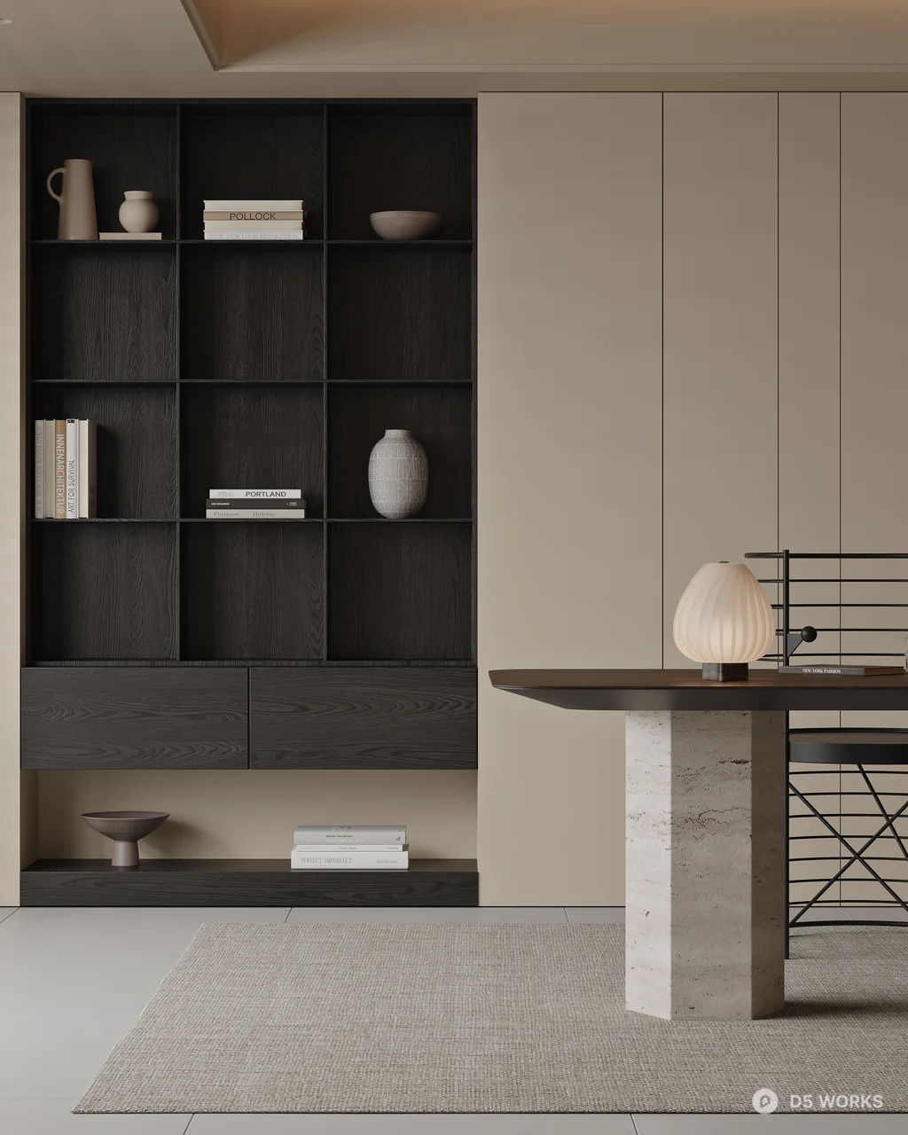 Minimalist Study Room With Integrated Storage And Art Wall 3d model thumbnail 2