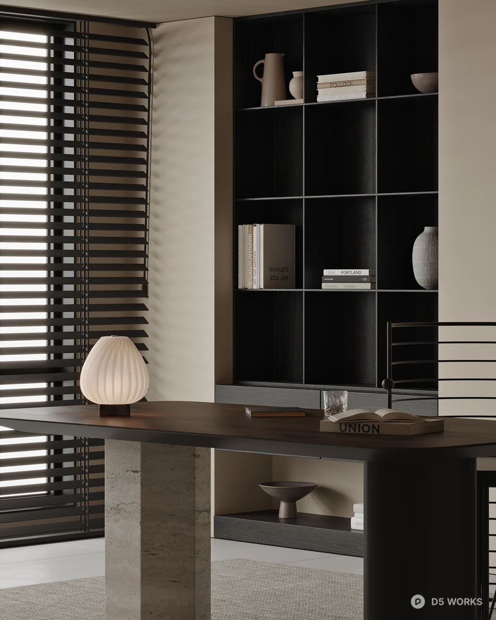 Minimalist Study Room With Integrated Storage And Art Wall 3d model thumbnail 3