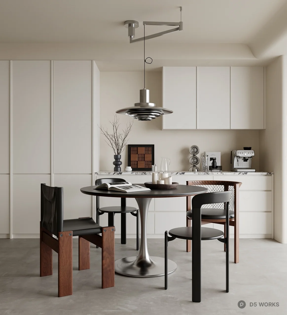 Minimalist Dining Space With Round Table And Modern Pendant Light 3d model - Image 1
