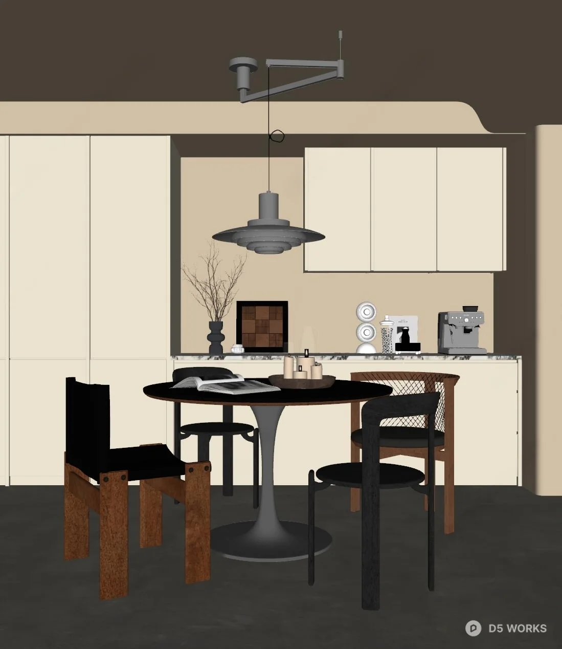 Minimalist Dining Space With Round Table And Modern Pendant Light 3d model thumbnail 2