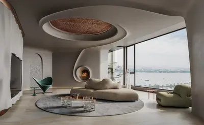 Organic Modern Living Room With Panoramic View 3d model