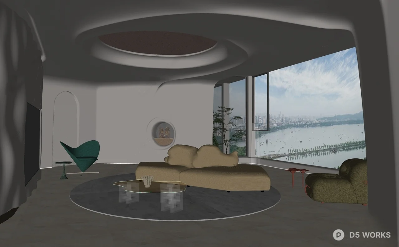 Organic Modern Living Room With Panoramic View 3d model thumbnail 2