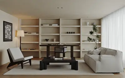 Minimalist Home Study with Bookshelf Wall 3d model