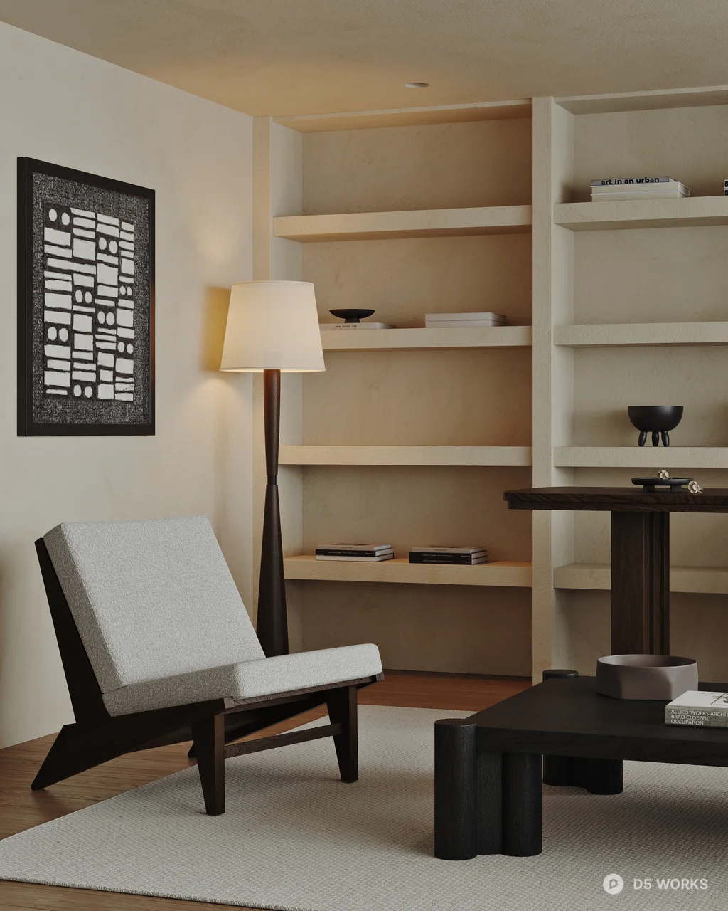 Minimalist Home Study with Bookshelf Wall 3d model thumbnail 3