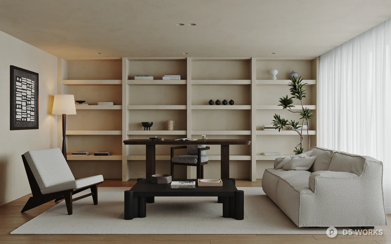 Minimalist Home Study with Bookshelf Wall 3d model - Image 1