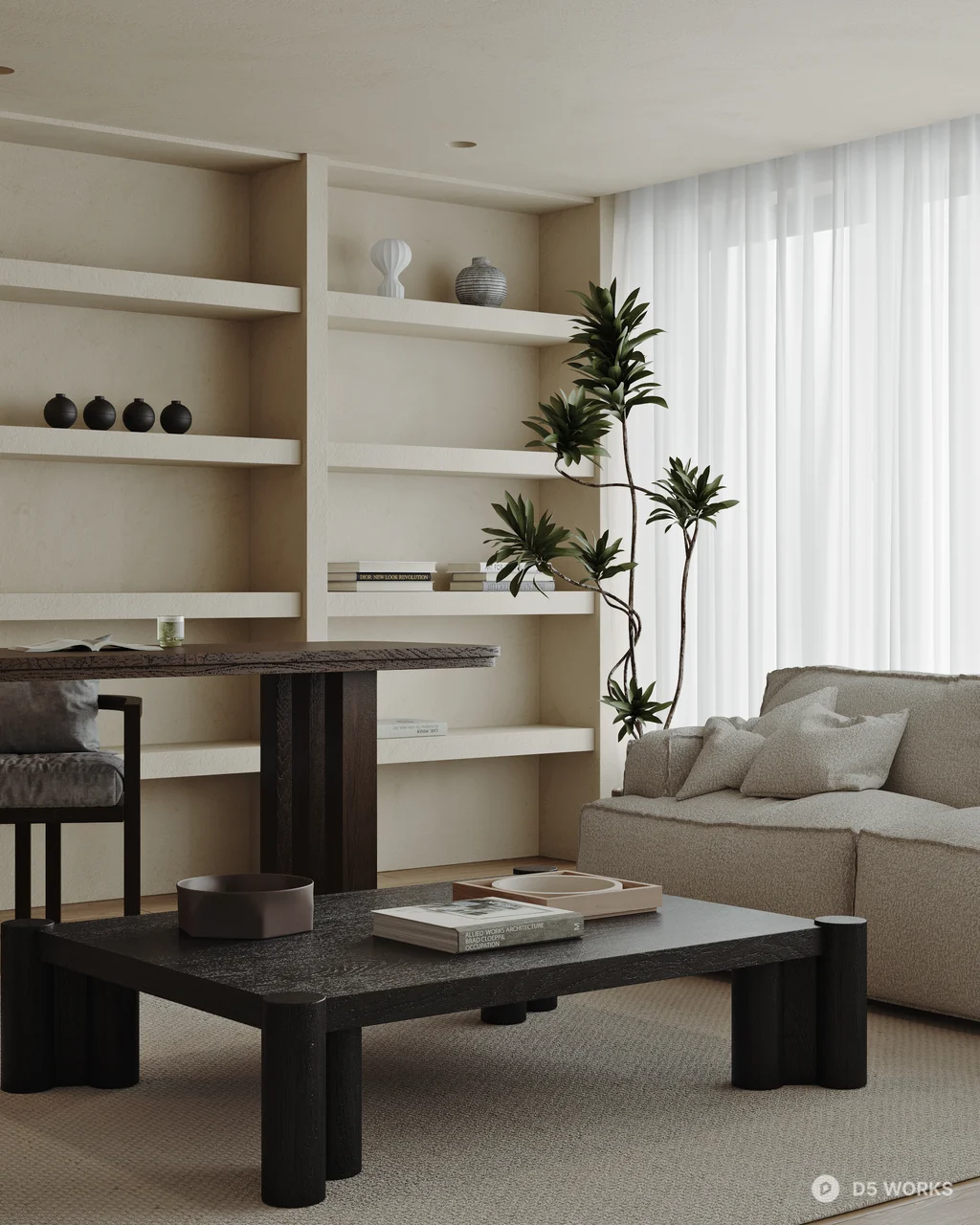 Minimalist Home Study with Bookshelf Wall 3d model thumbnail 2