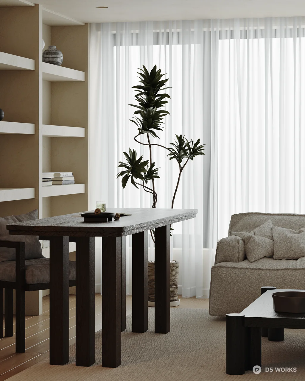 Minimalist Home Study with Bookshelf Wall 3d model thumbnail 4