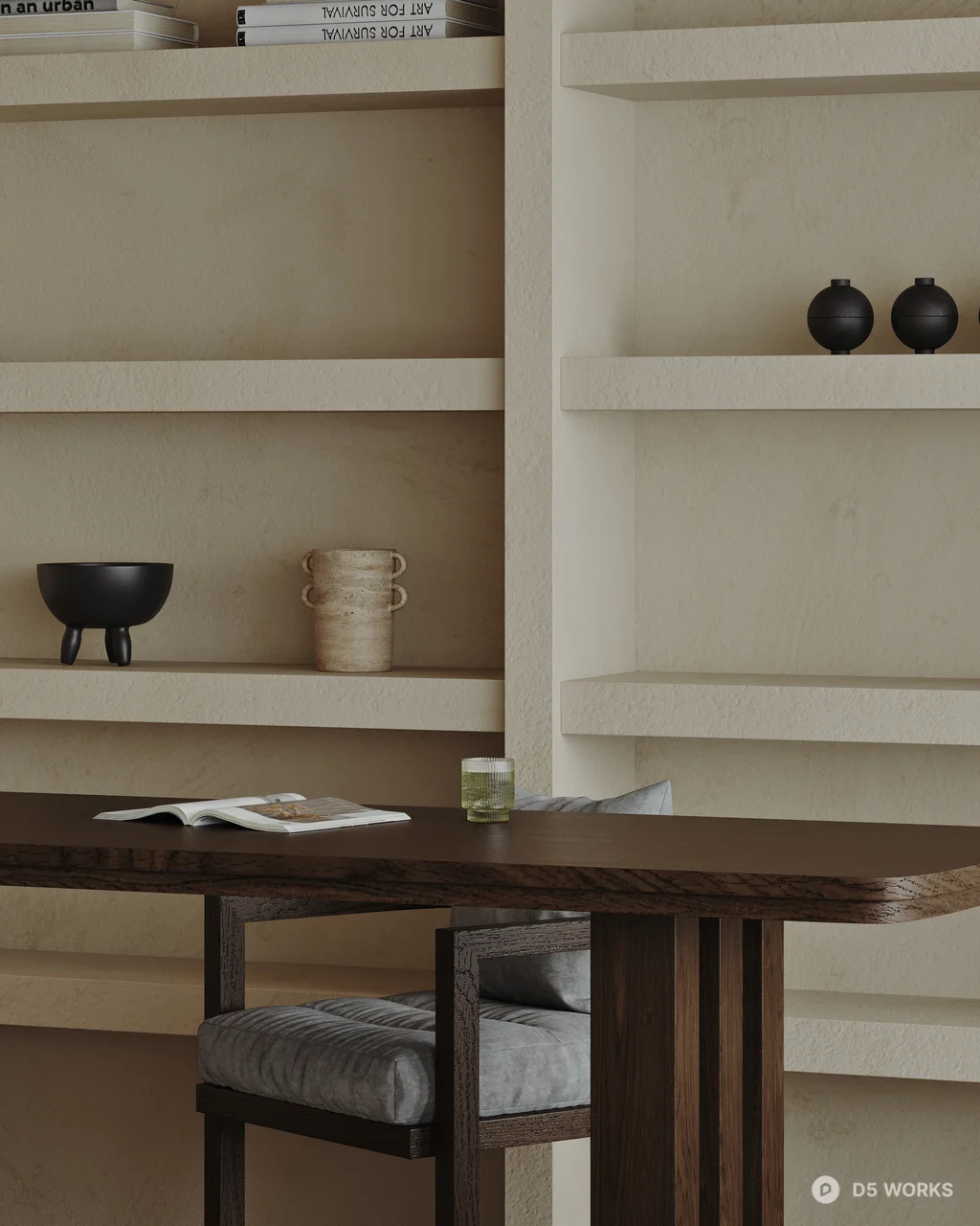 Minimalist Home Study with Bookshelf Wall 3d model thumbnail 5