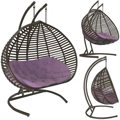 Wicker Hanging Egg Chair With Purple Cushion 3d model
