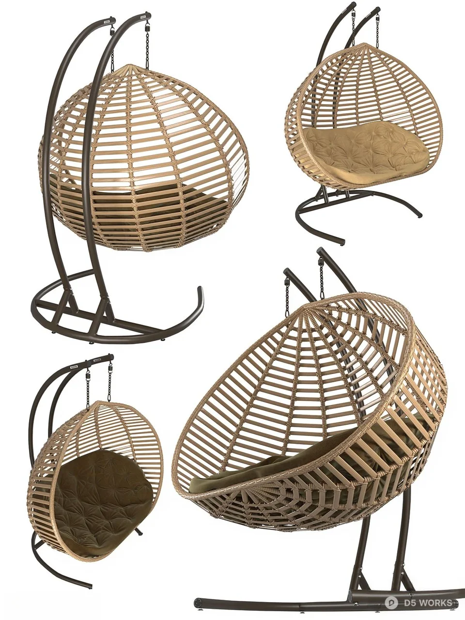 Wicker Hanging Egg Chair With Purple Cushion 3d model thumbnail 2