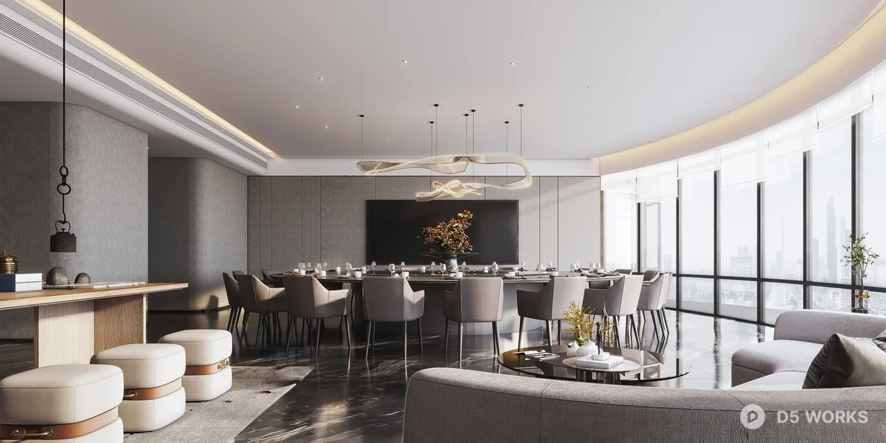 Modern Banquet Room With Curved Ceiling And Floor To Ceiling Windows 3d model - Image 1