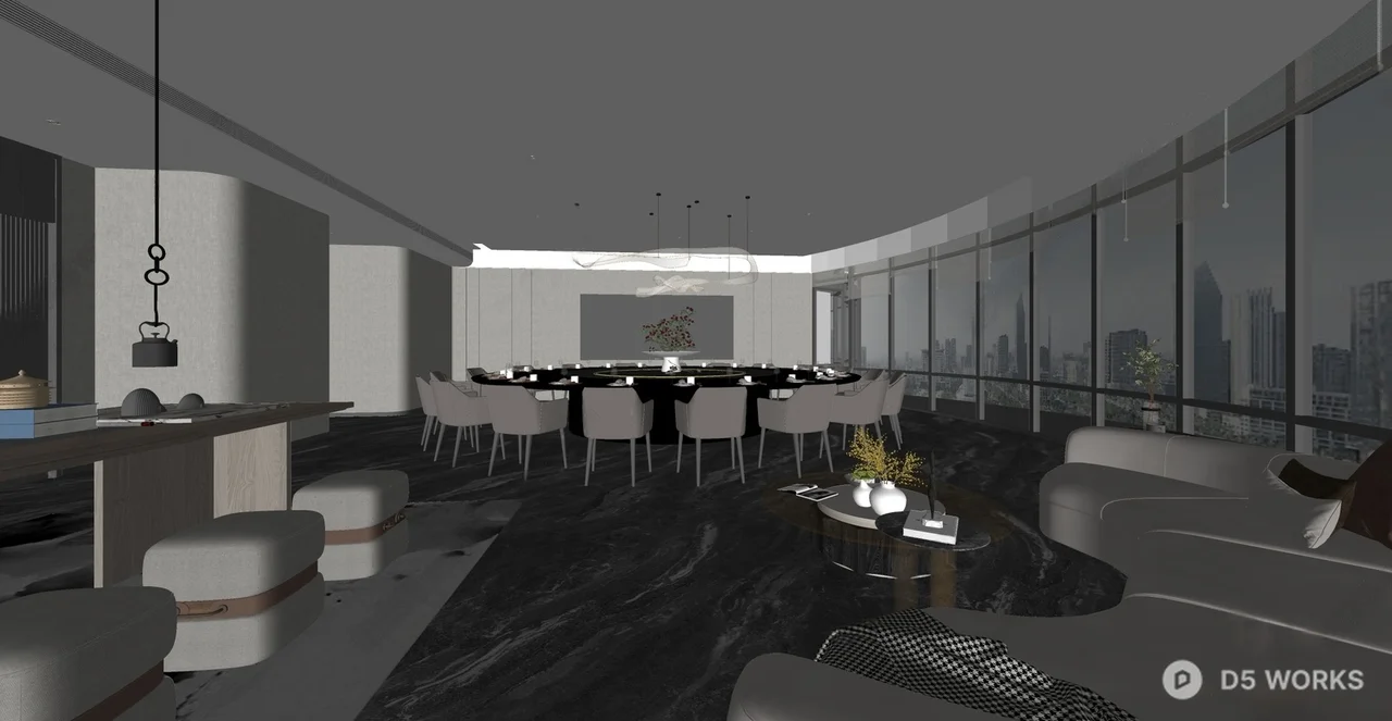 Modern Banquet Room With Curved Ceiling And Floor To Ceiling Windows 3d model thumbnail 2