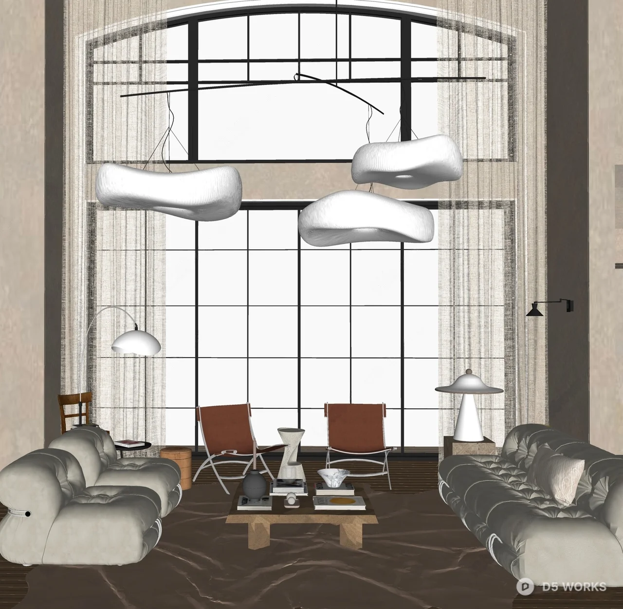 Minimalist Villa Living Room with Cloud Pendant Lights 3d model thumbnail 2