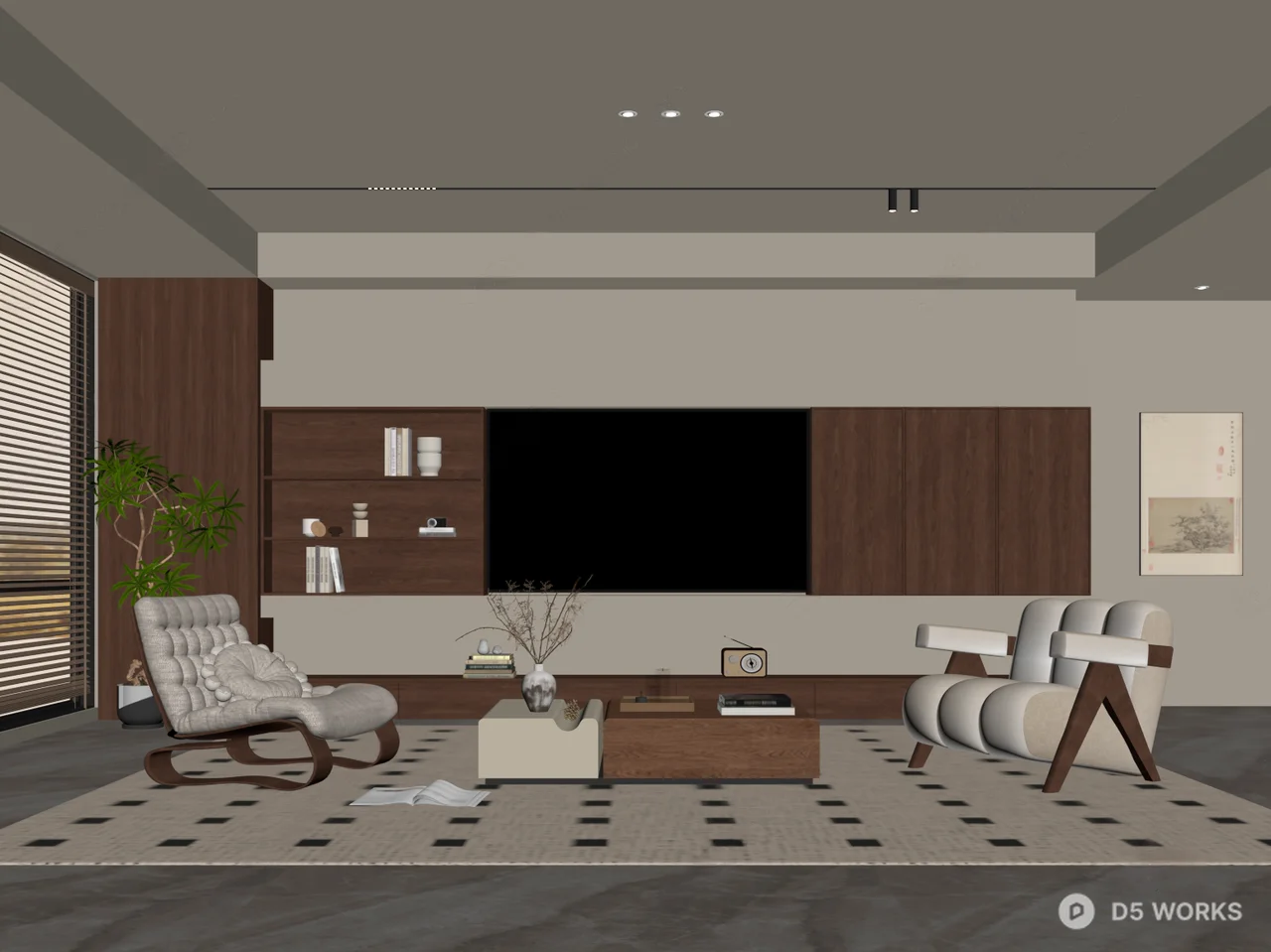 Mid Century Modern Living Room with Geometric Rug 3d model thumbnail 2