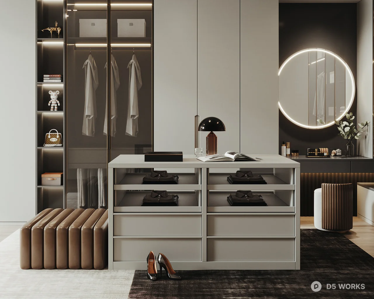 Modern Minimalist Walk In Closet With Integrated Storage And Mirror Lighting 3d model thumbnail 2