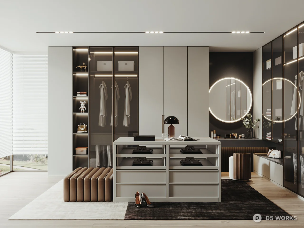Modern Minimalist Walk In Closet With Integrated Storage And Mirror Lighting 3d model - Image 1