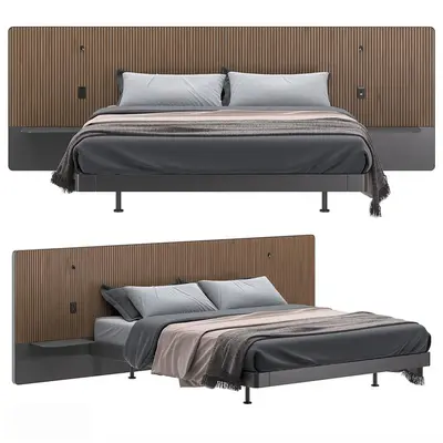 Minimalist Wooden Headboard Double Bed 3d model