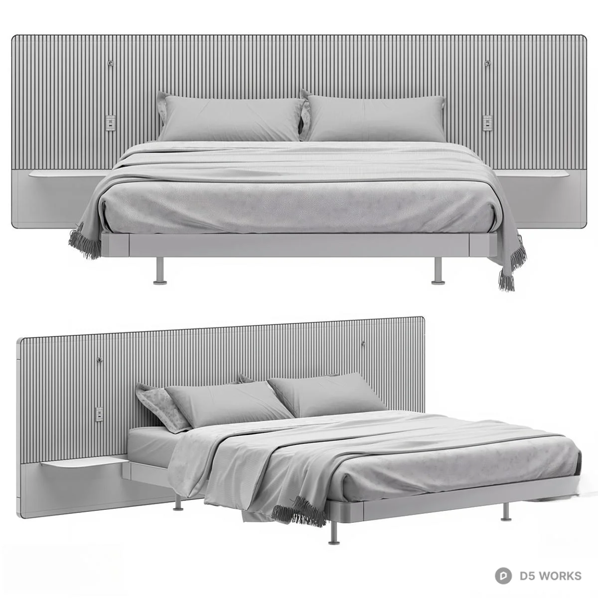Minimalist Wooden Headboard Double Bed 3d model thumbnail 3
