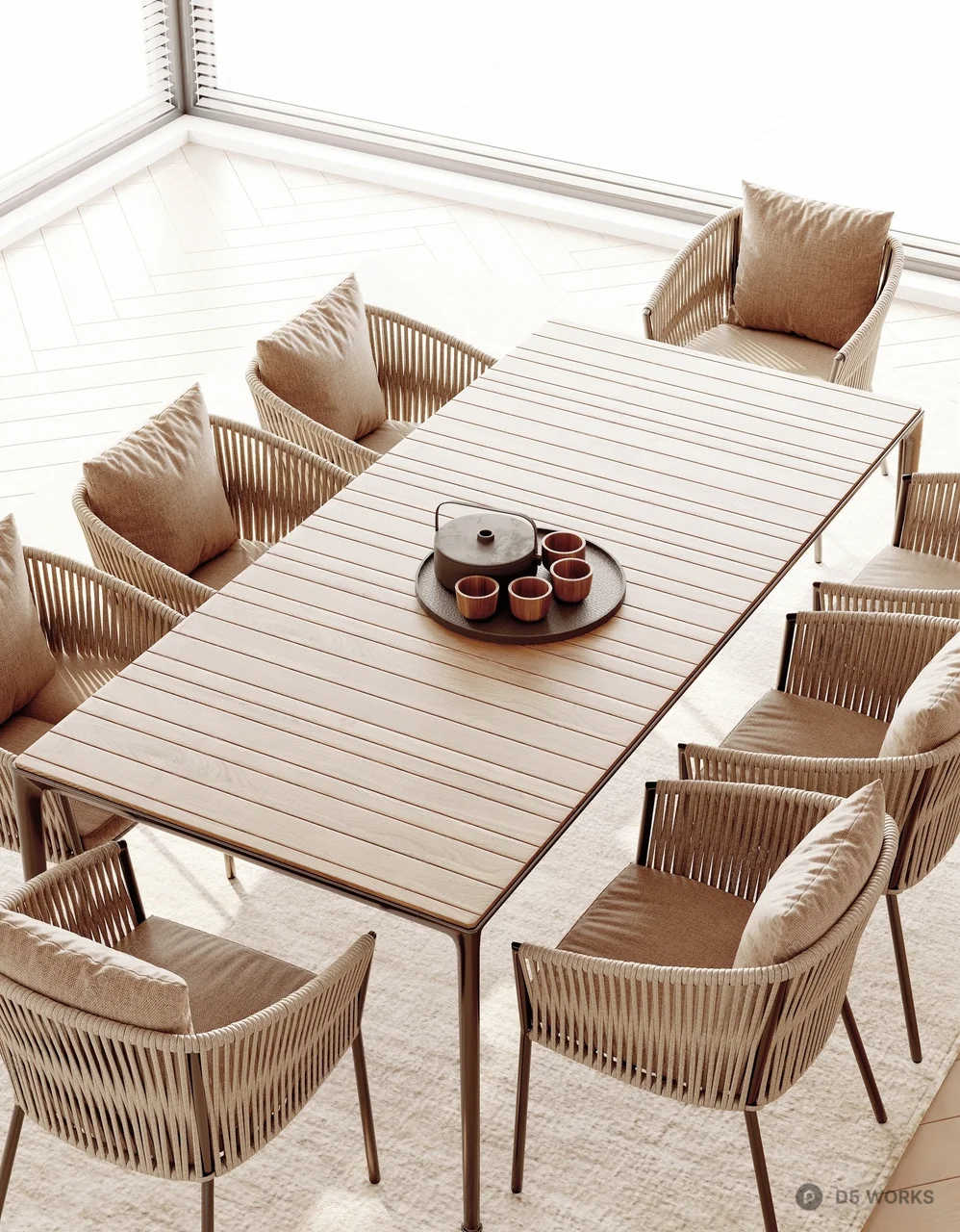 Rattan Outdoor Dining Set With Teapot Tray 3d model - Image 1