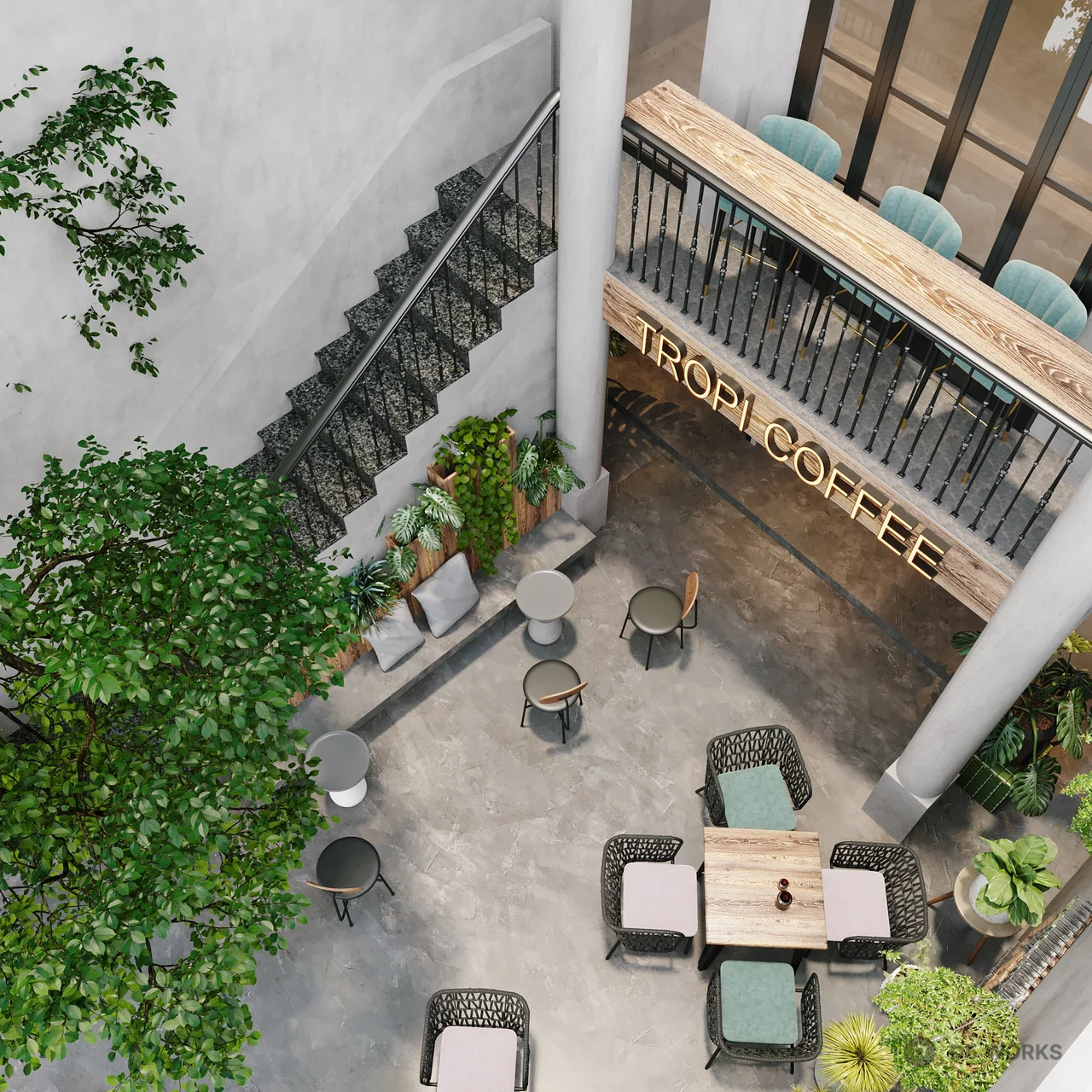 Coffee Shop Facade & Outdoor Seating Area 3d model thumbnail 3