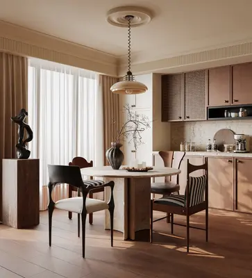 Minimalist Dining Room With Wooden Cabinetry And Pendant Lighting 3d model