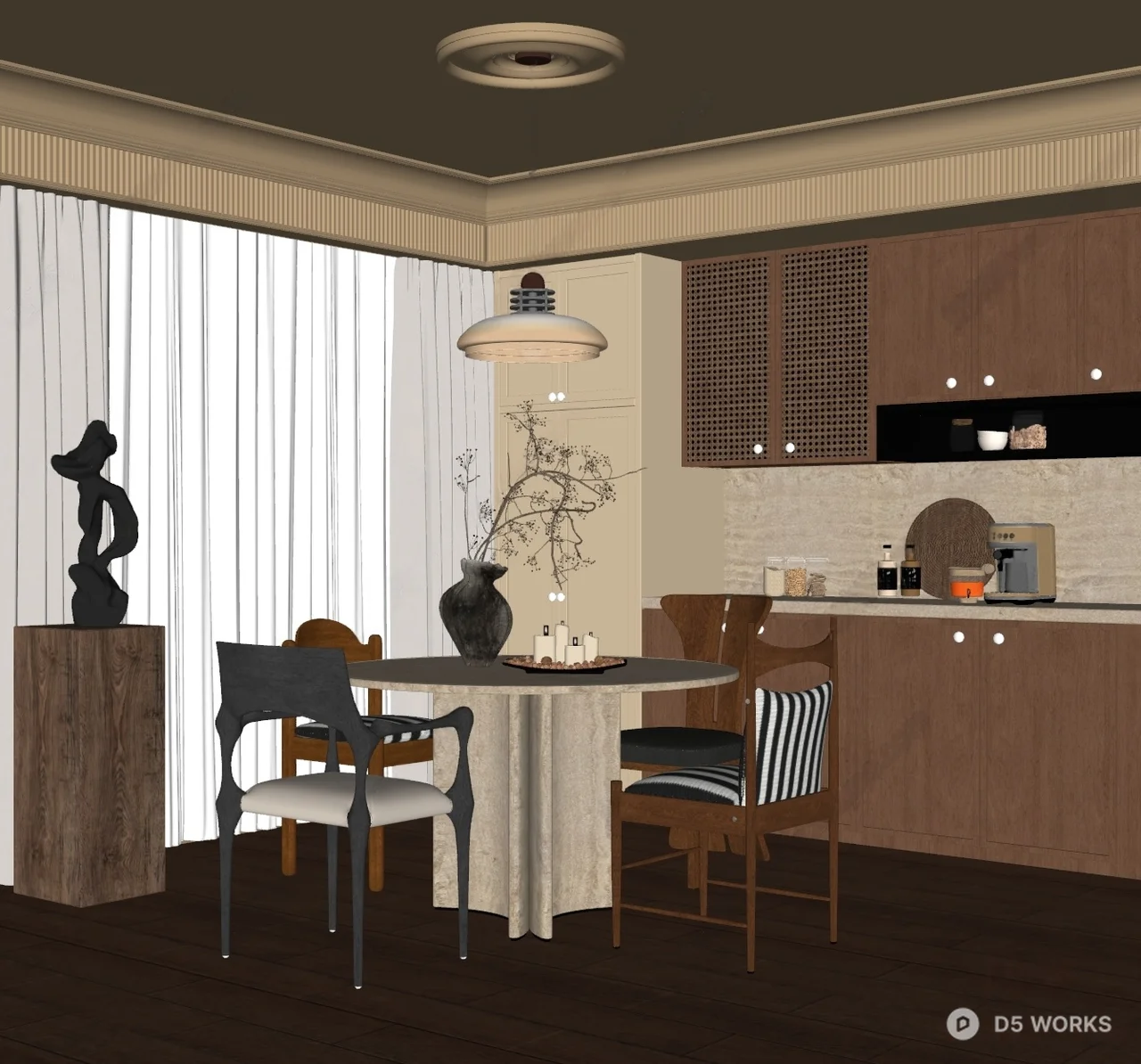Minimalist Dining Room With Wooden Cabinetry And Pendant Lighting 3d model thumbnail 2
