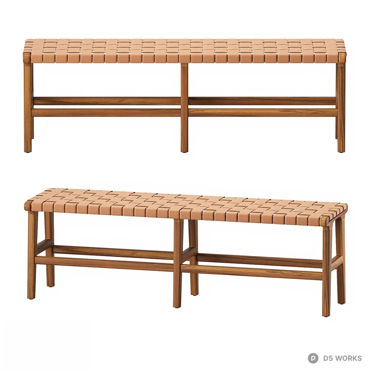Woven Leather Seat Wooden Bench 3d model - Image 1