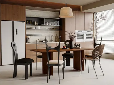 Modern Minimalist Dining Room With Wooden Table And Sculptural Chairs 3d model